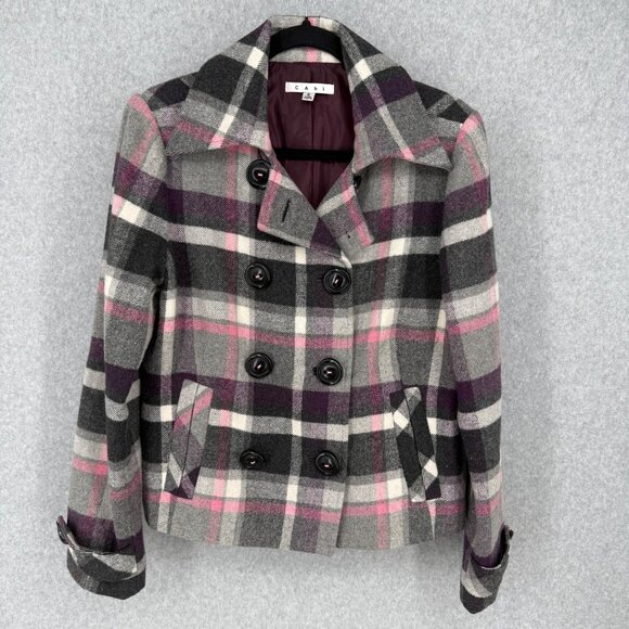 Cabi VTG Wool Blend Double Breasted Jacket Peacoat Size 8 Black Pink White - Picture 1 of 11